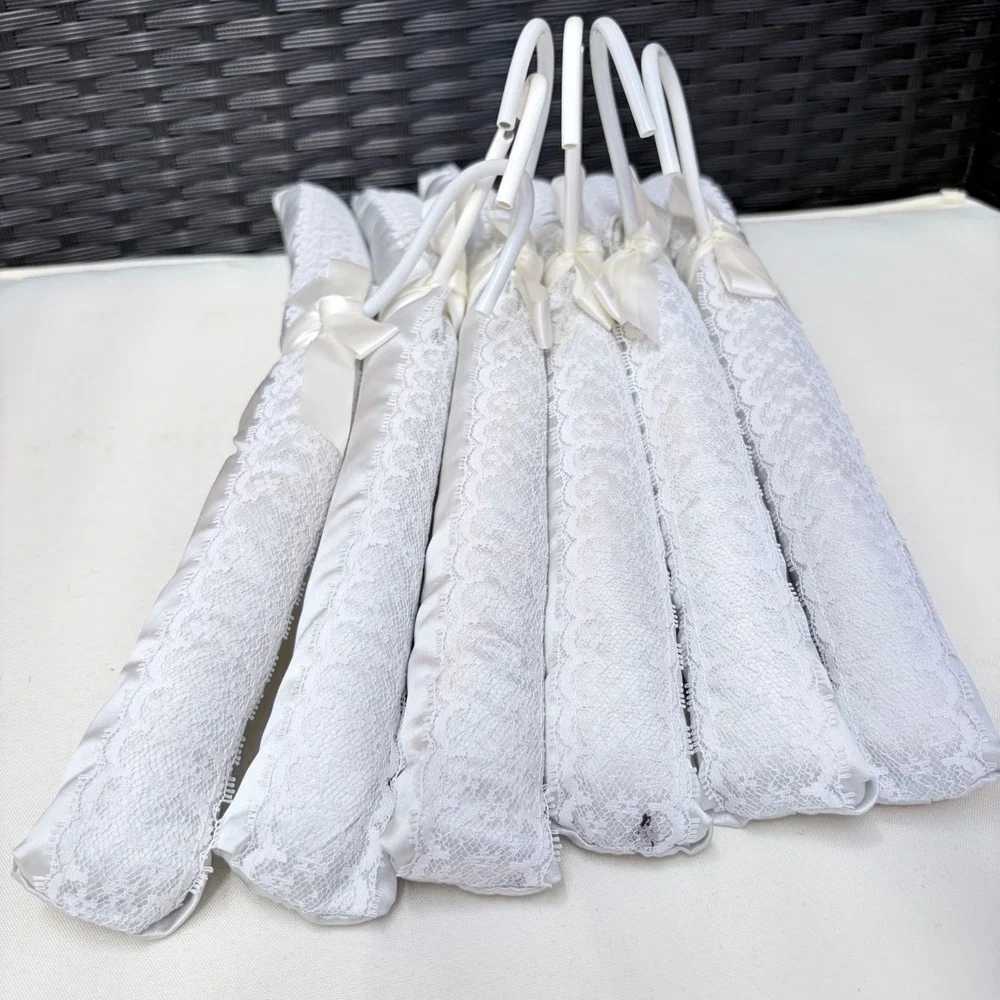Vintage Padded Satin Hangers Set of 6 Silver Grey Lace Bow Bridal Lingerie